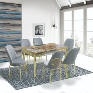 ANKA GOLD GLASS TABLE WITH 6 GREY GOLD CHAIR