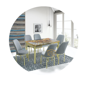 ANKA GOLD GLASS TABLE WITH 6 GREY GOLD CHAIR