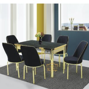BLACK MARBLE GOLD GLASS TABLE WITH 6 CHAIR