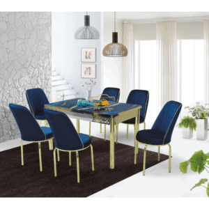 BLUE GOLD GLASS TABLE WITH 6 CHAIR