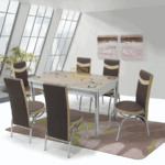BROWN BUBBLE GLASS TABLE WITH 6 CHAIR